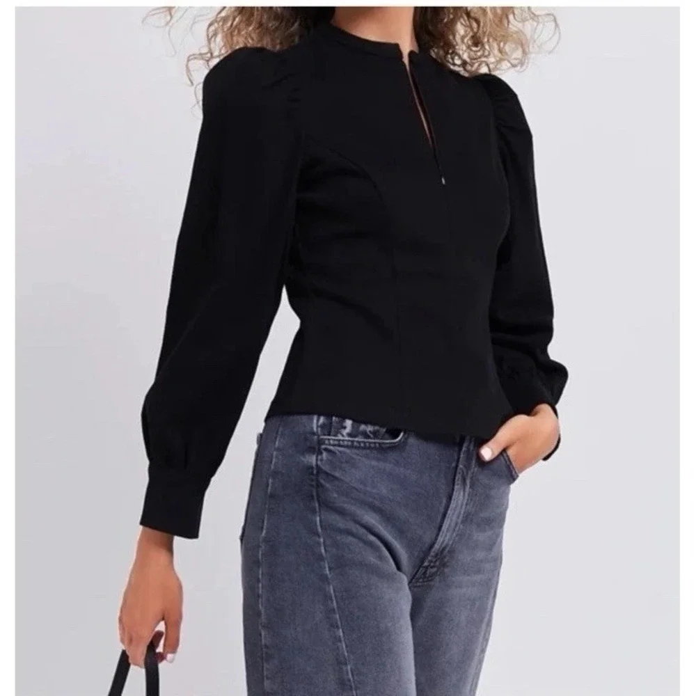 Tuckernuck Hyacinth House Black Denim Zip Anderson Blouse Puff Sleeve Sz Small S